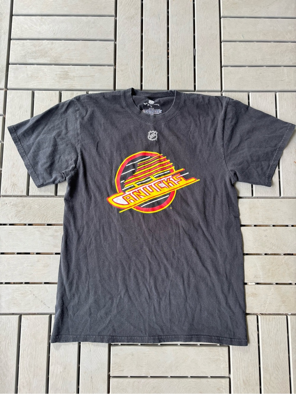Fanatics Black Short-Sleeve Canucks Retro Logo Tee with Red & Yellow Accent